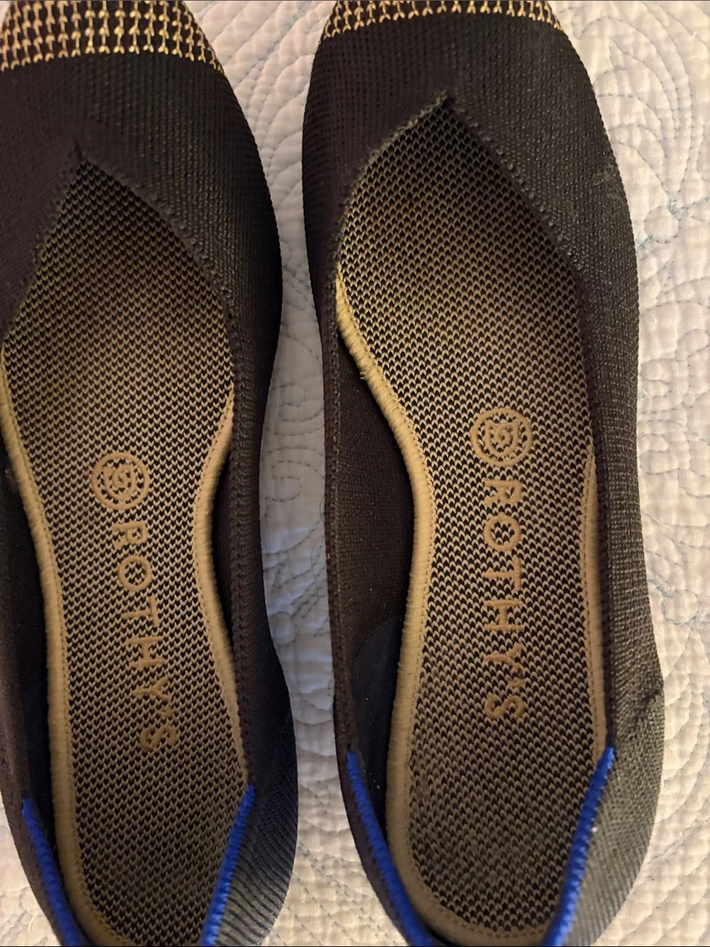 Rothy's Black Knit Pointed Flats with Gold Toe and Blue Trim